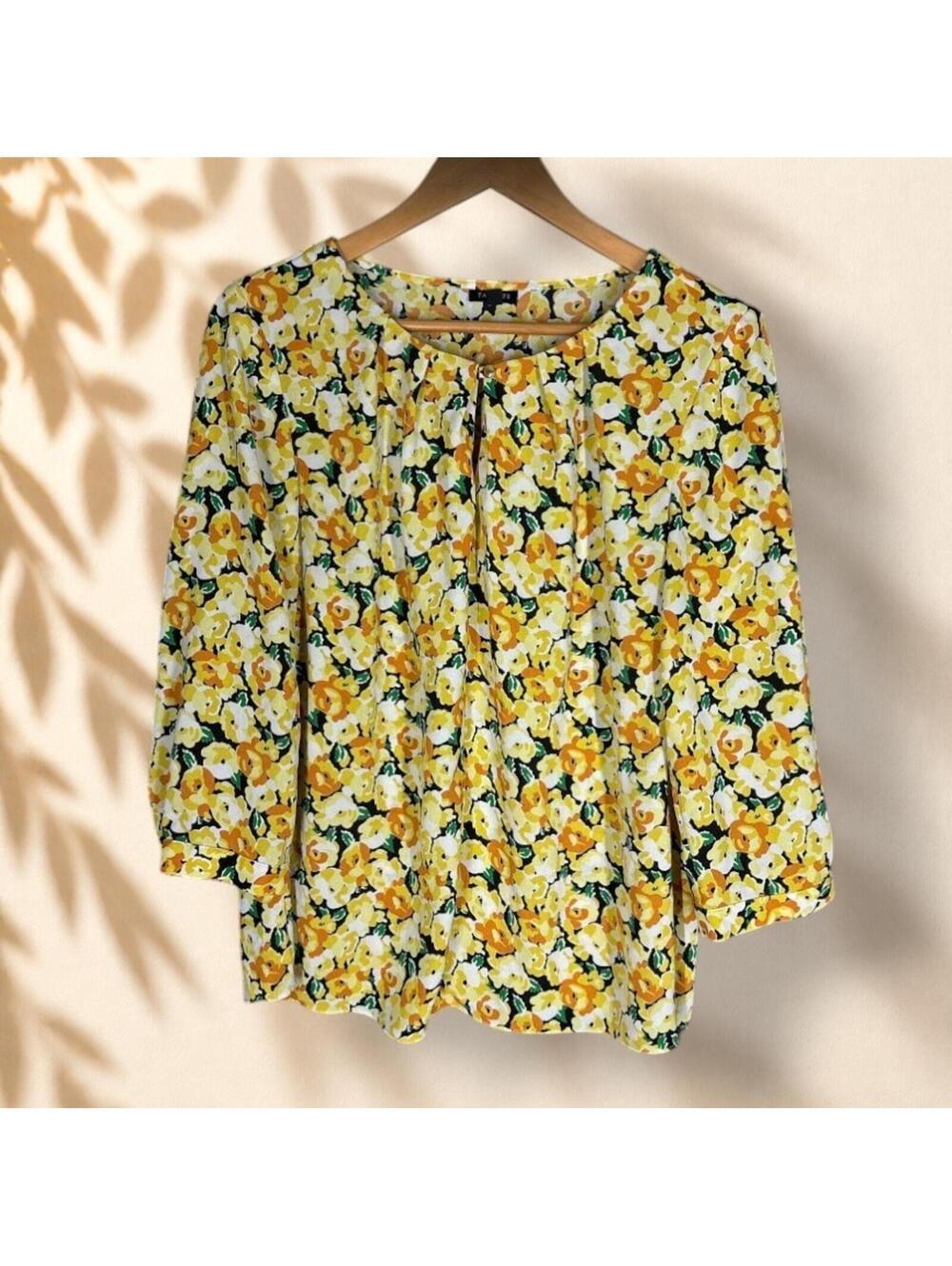 Talbots Blouse Women 10 Yellow Floral Long Sleeve Round Neck Pullover Casual